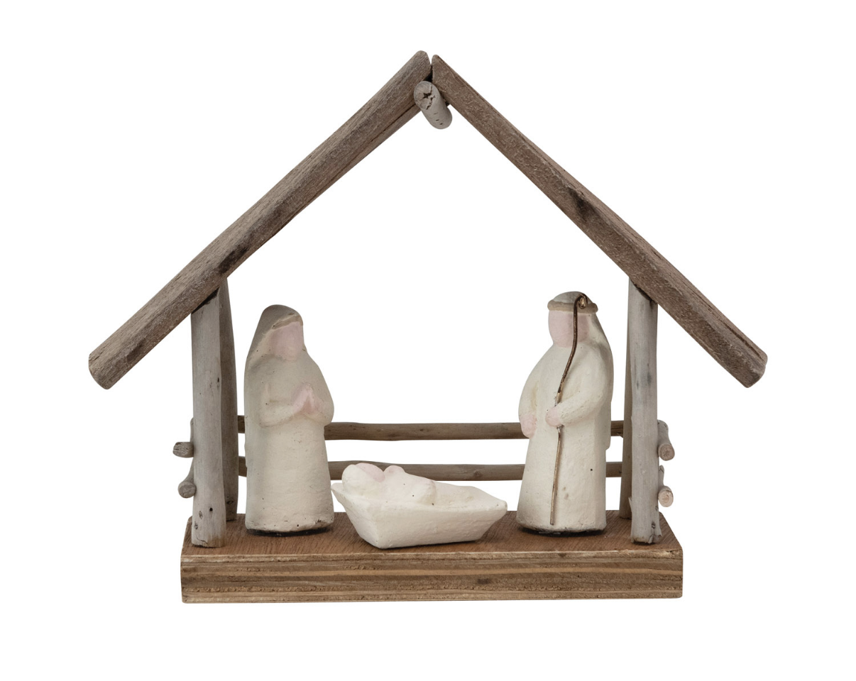 Handmade Driftwood & Paper Mache Nativity w/Wood Base