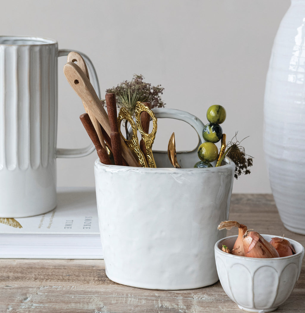 White Stoneware Crock w/Handle