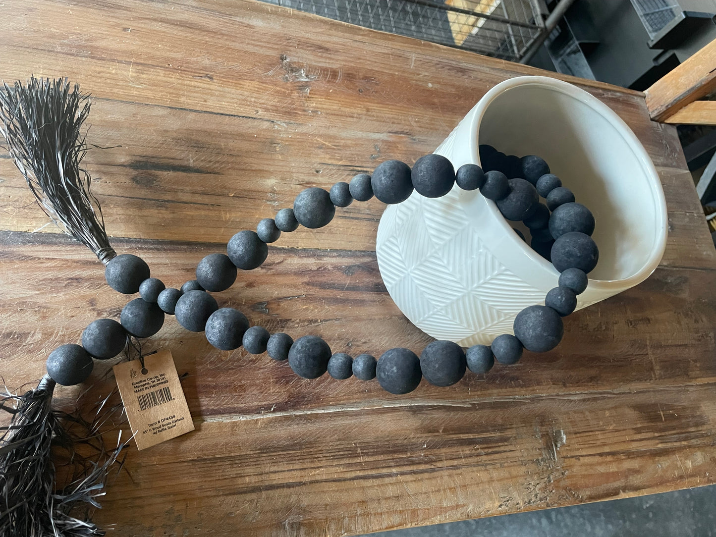 45” H Wood Beads Garland w/ Raffia Tassel