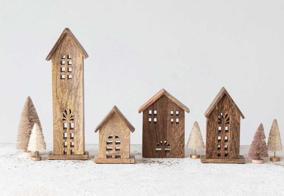 Carved Mango Wood Houses-set/4