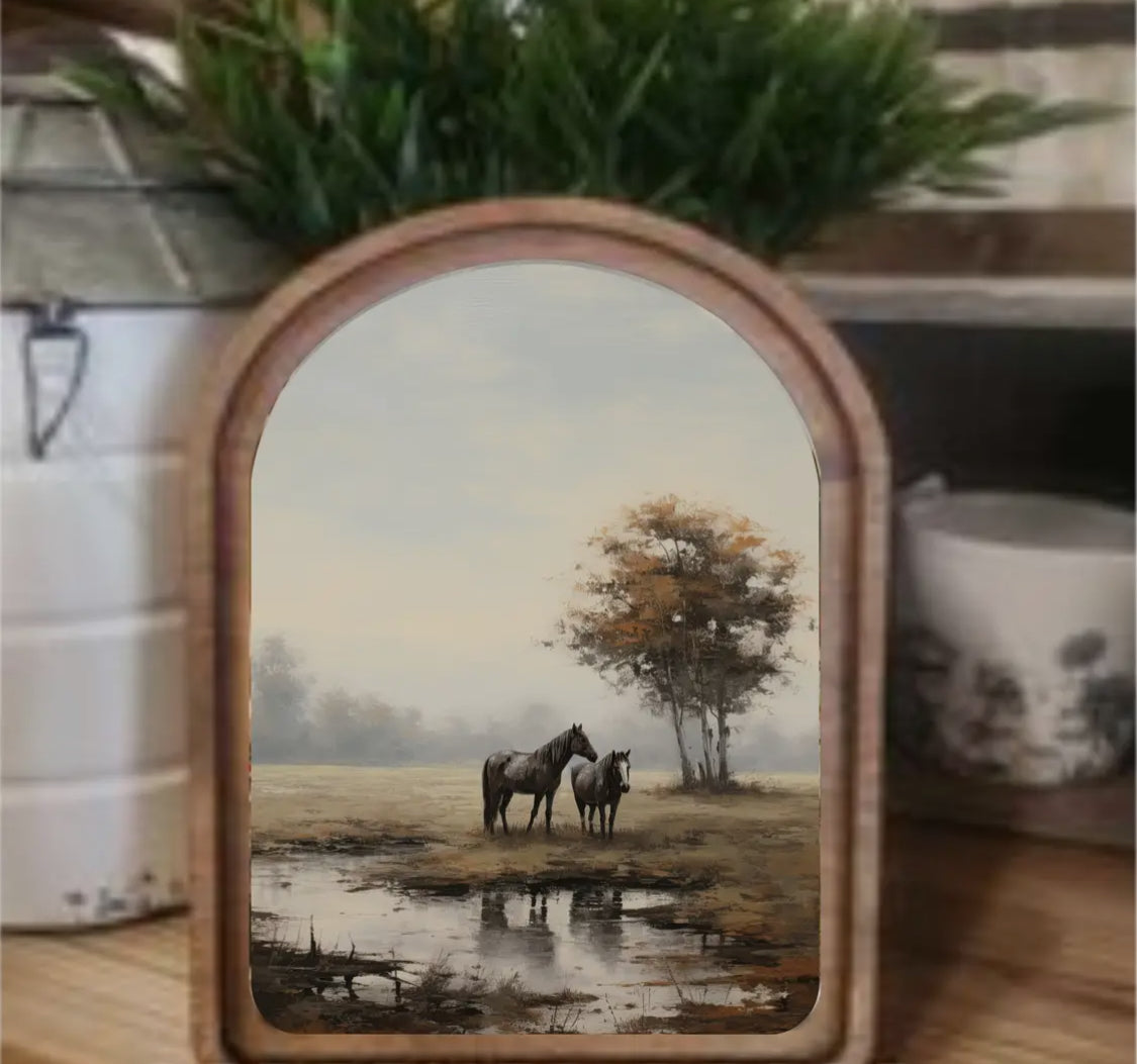 8” Arch Pasture Horses Framed Art