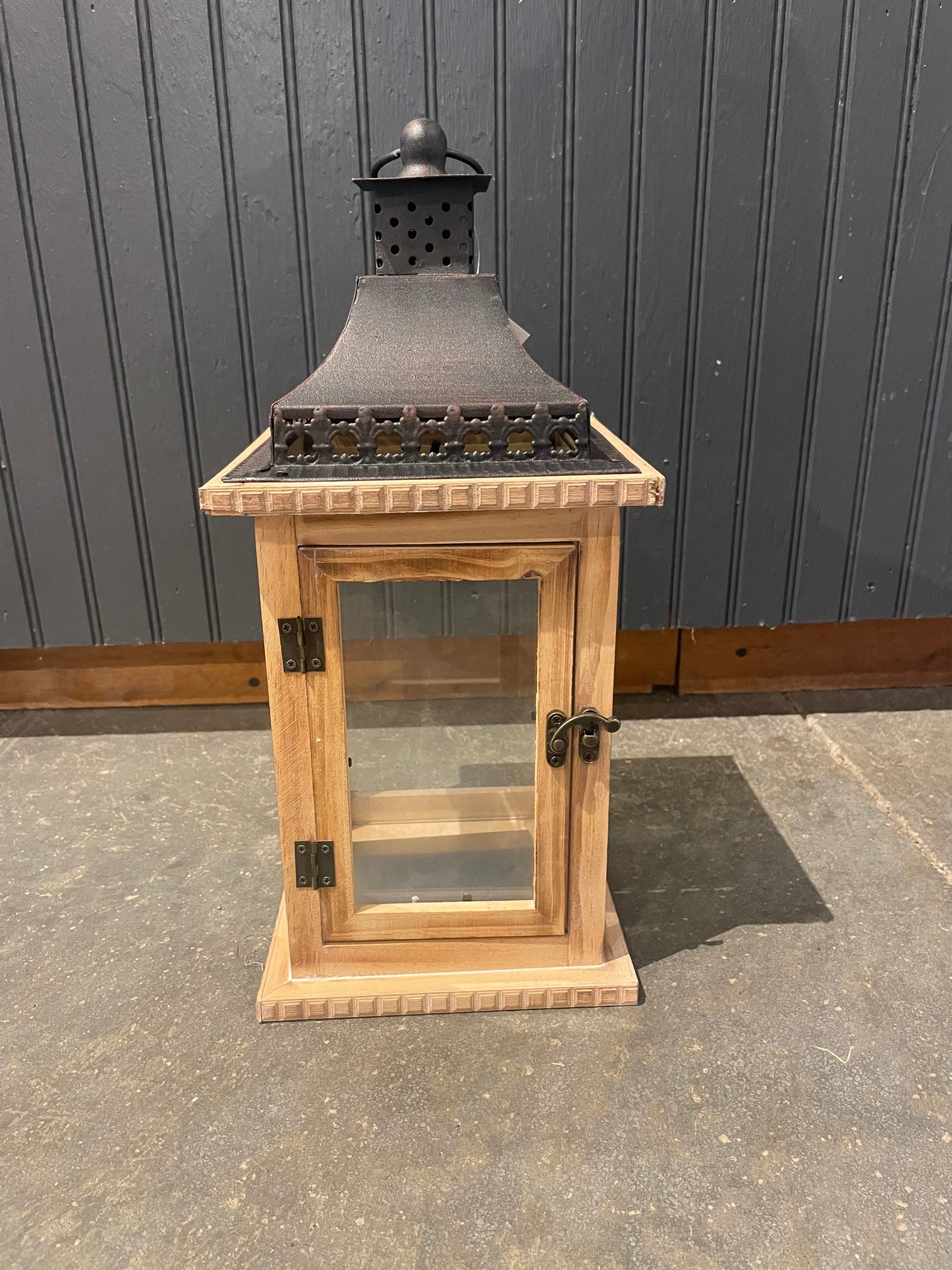 15.5” Wood Lantern w/ Black Metal Top