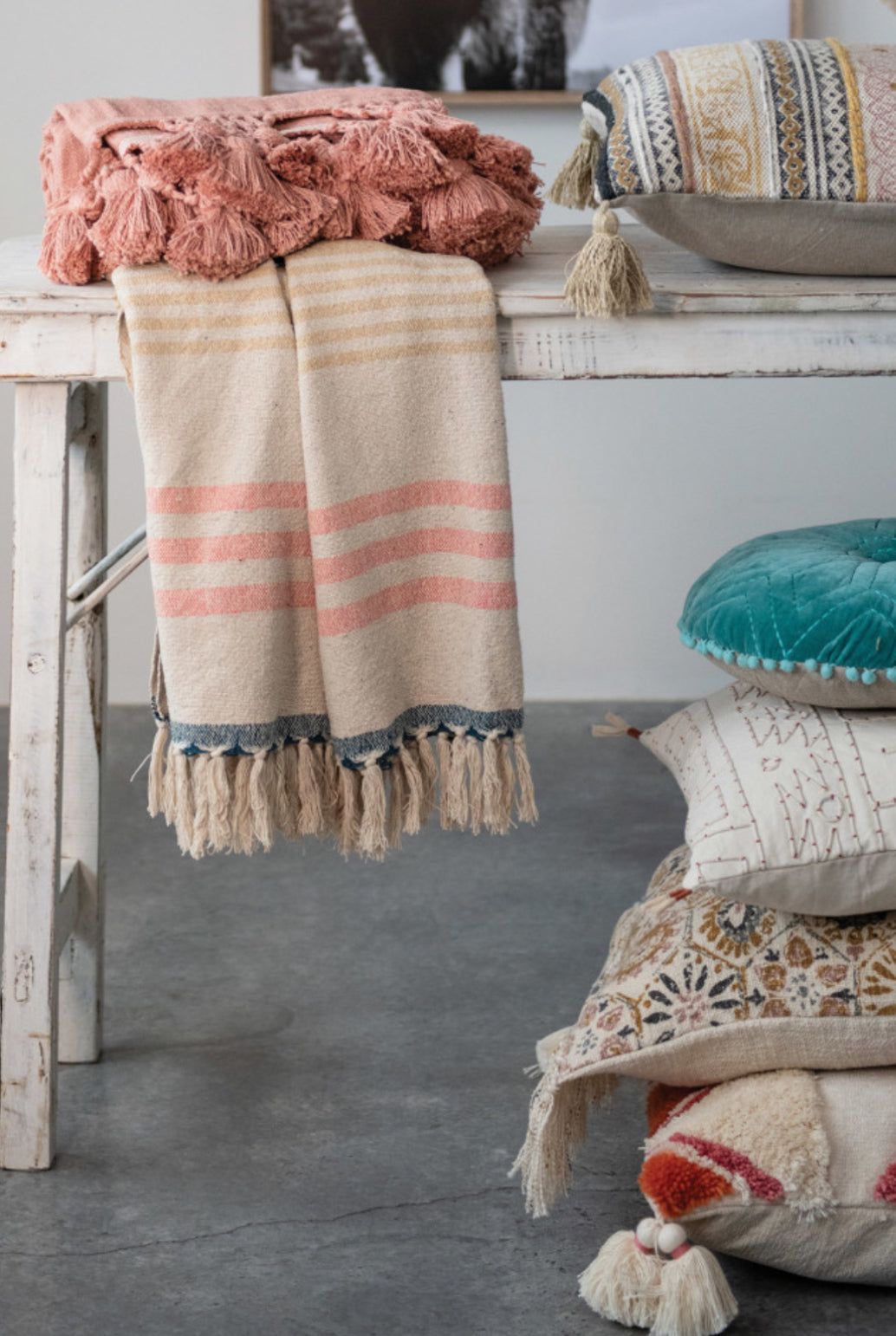 18” Square Cotton Embroidered Pillow w/Piping & Tassels