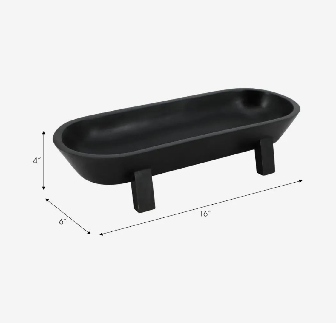16” Black Wood Footed Oval Bowl