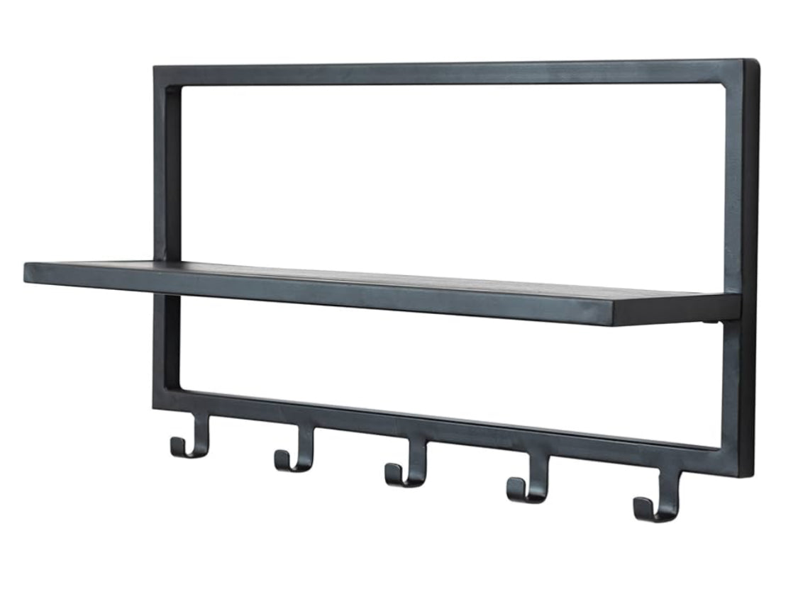 Minimalist Metal & Wood Shelf w/5 Hooks