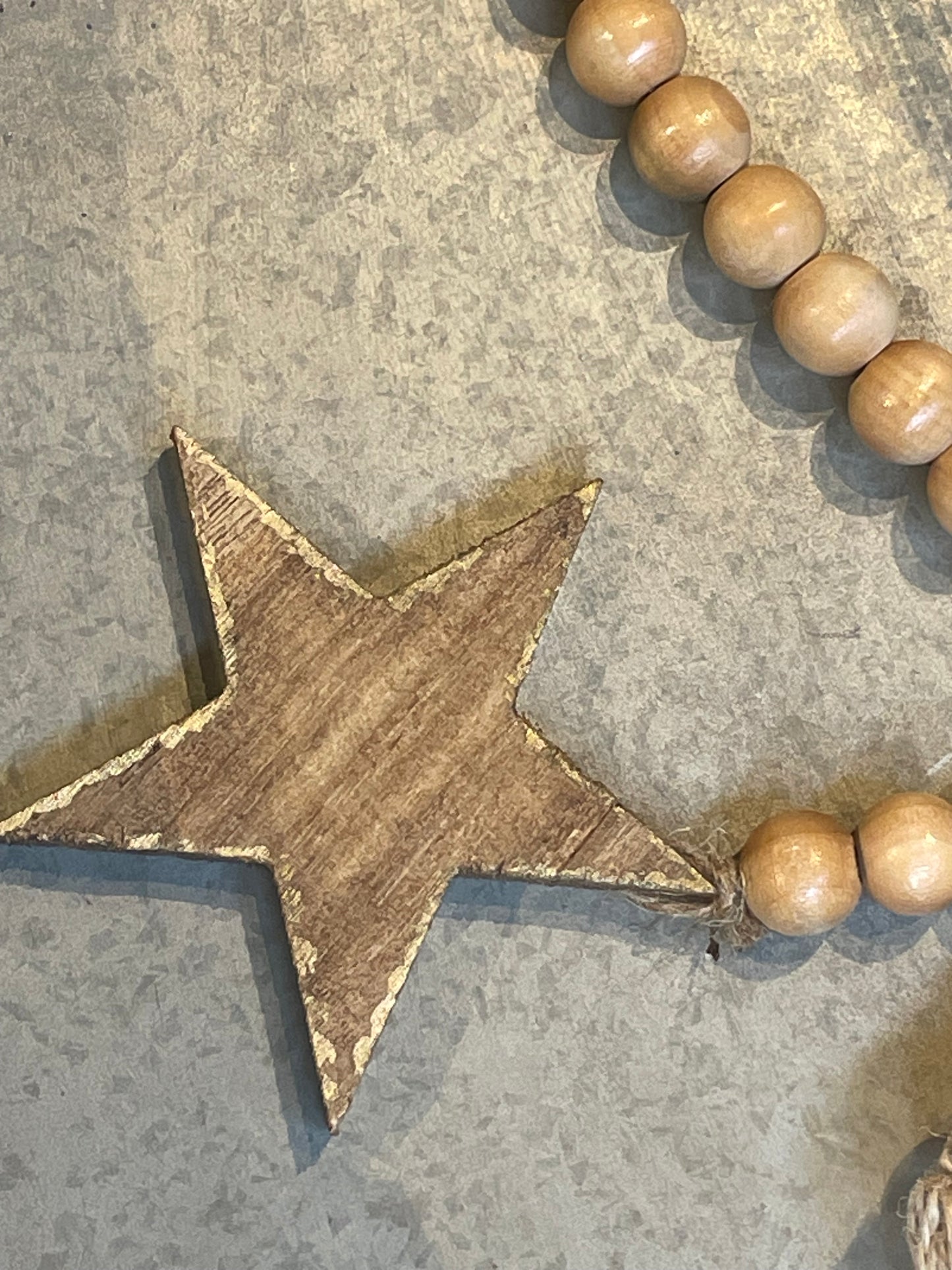 17”L Wood Bead w/Star Icon & Jute Tassel