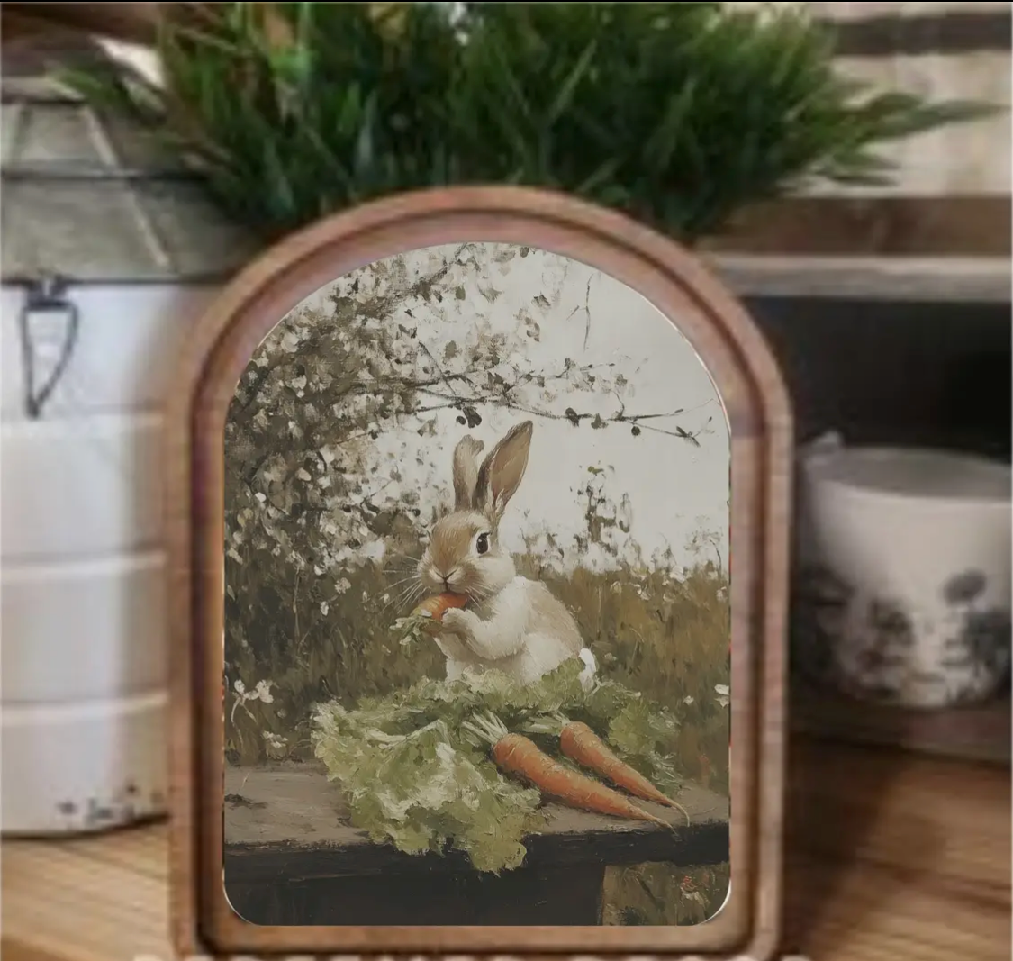 6” x 8” Arch Top Bunny with Carrots Framed Art
