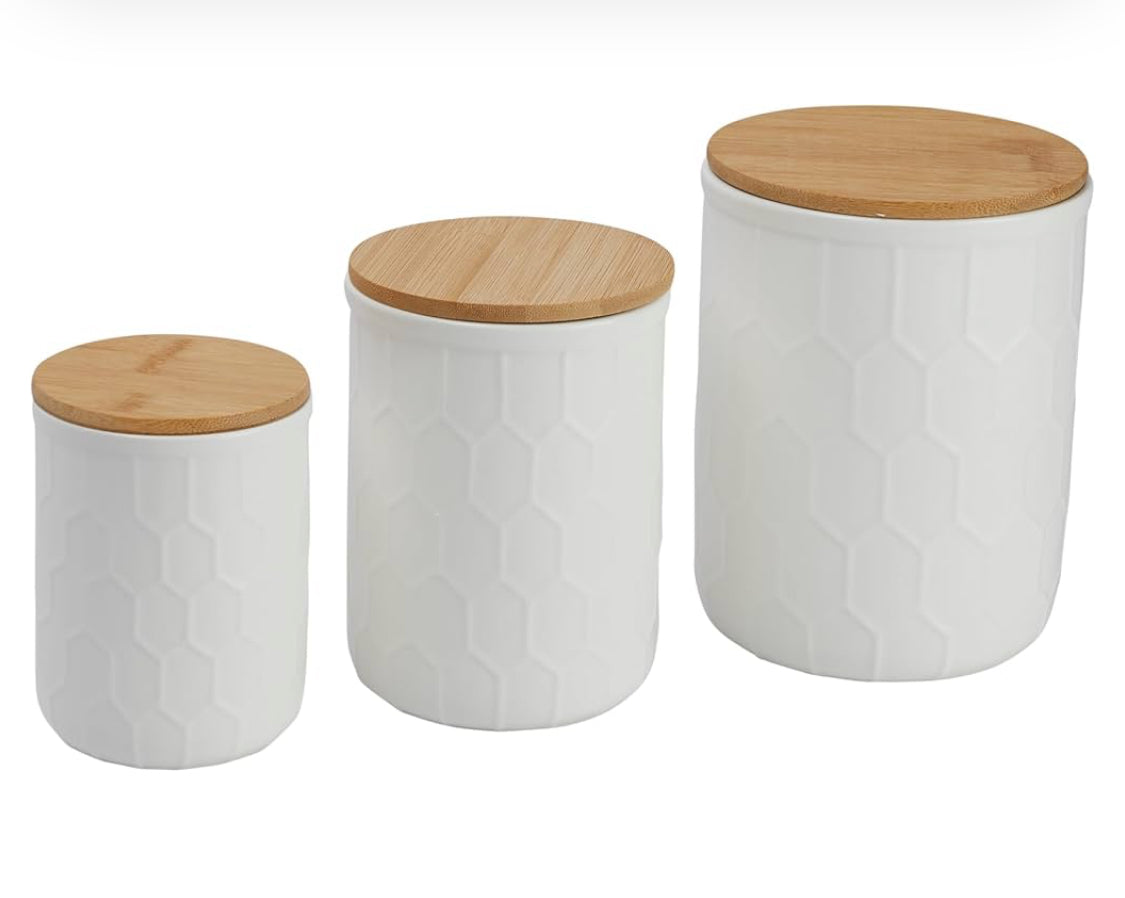 Stoneware Canisters w/Honeycomb Design & Bamboo Lids,Set/3