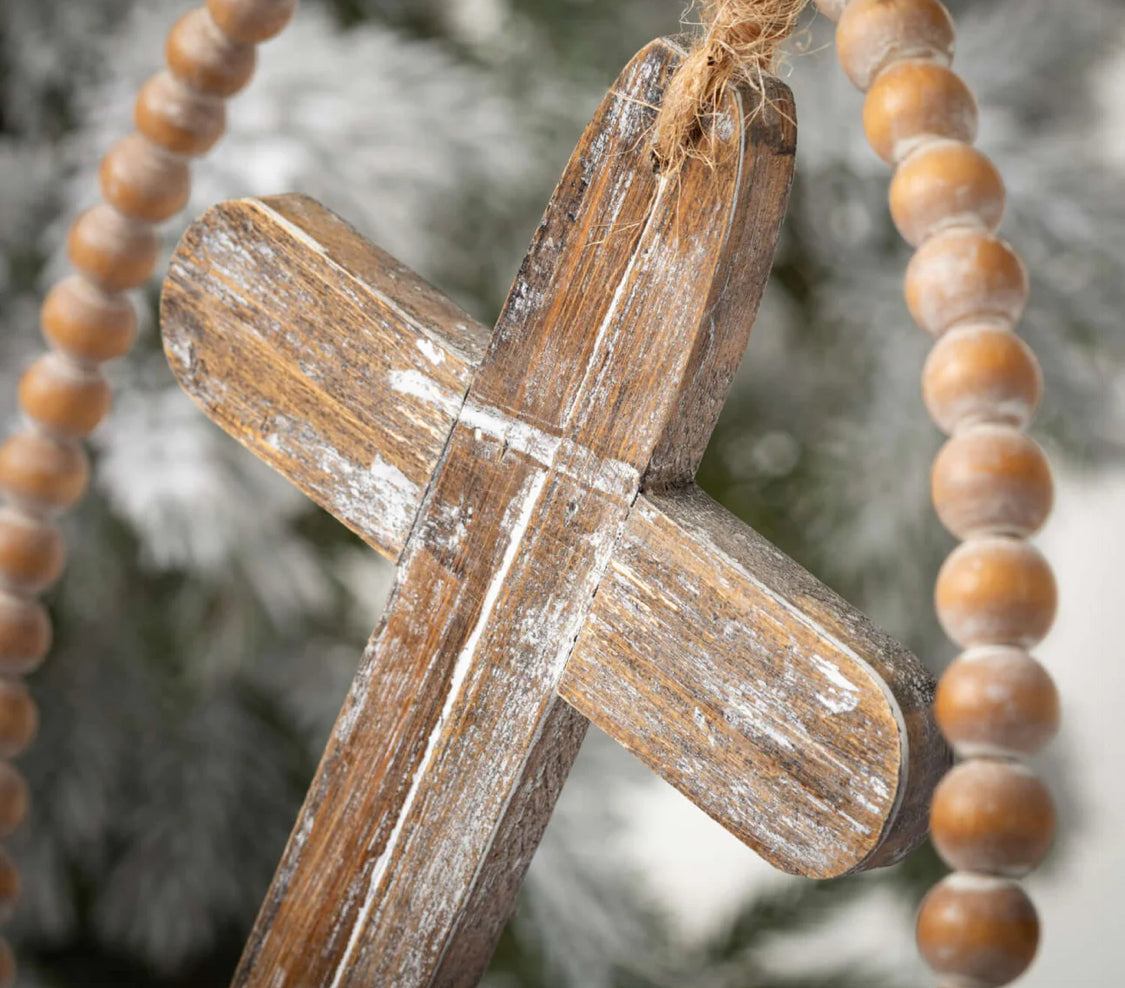 Wood Bead Wreath w/ a Wood Cross