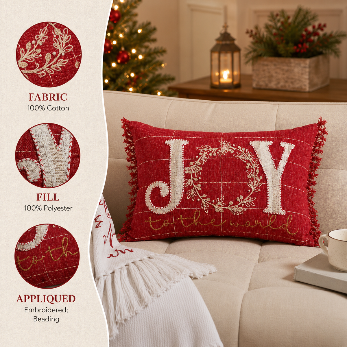 Red Joy Christmas Throw Pillow 14x20 Joy to the World
