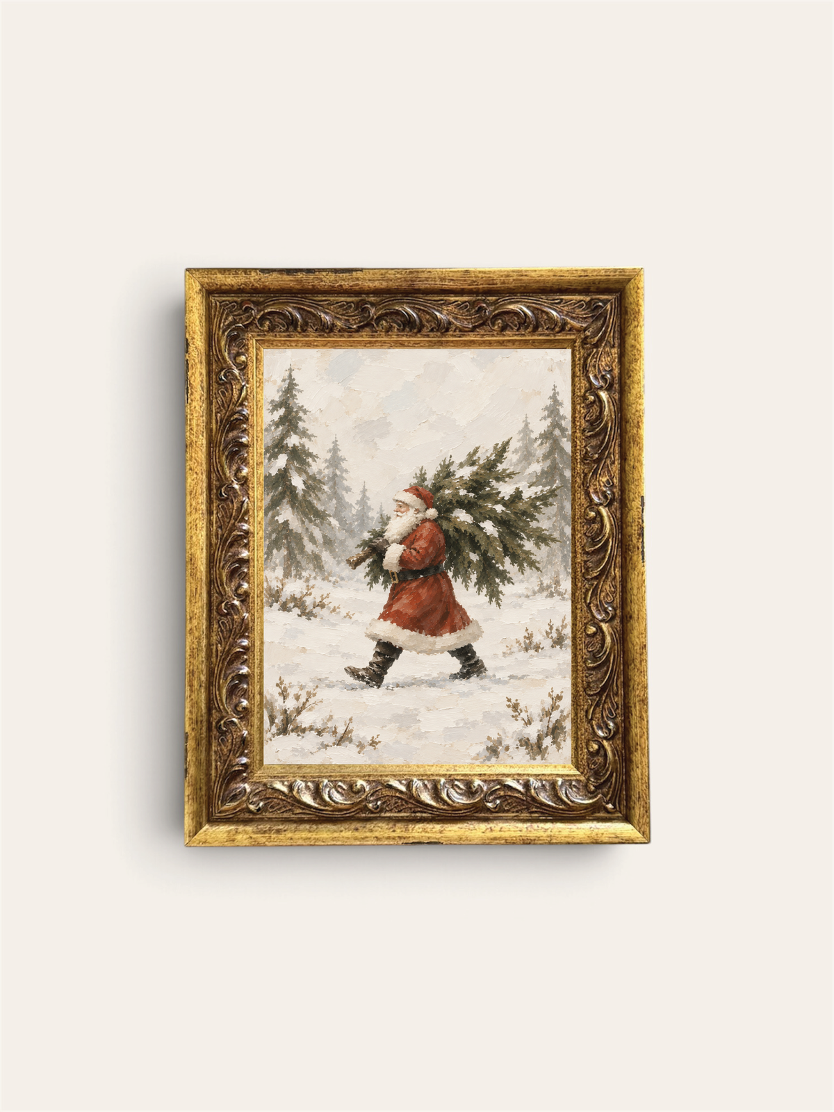 Santa Carrying Tree, Gold Frame