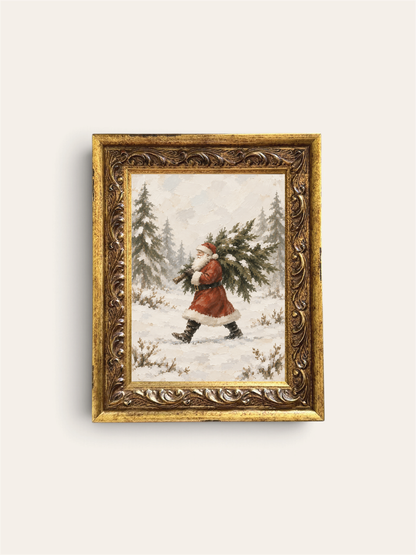 Santa Carrying Tree, Gold Frame
