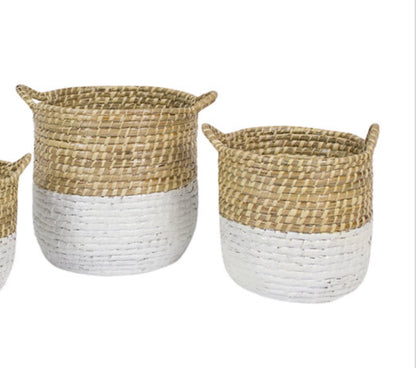 Two-Tone White Woven Seagrass Basket-Lg