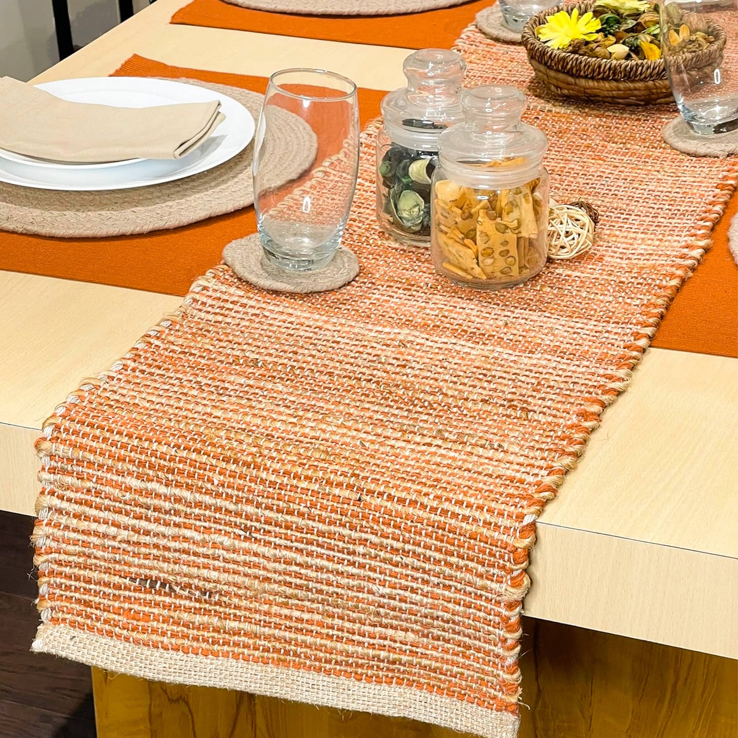OMBRE TABLE RUNNER, NATURAL JUTE-RUST, 13''x36''.