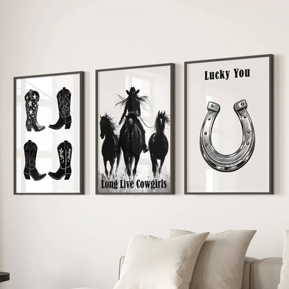8” x 10” Black White Western Cowgirl Wall Art. Rustic Ranch Decor-set/3-No Frames