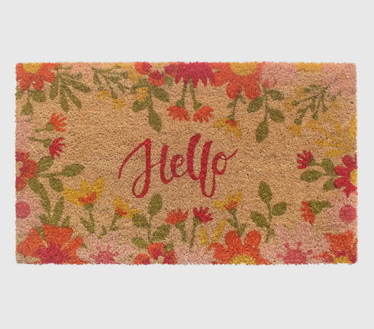Hello Cursive Flowers Doormat
