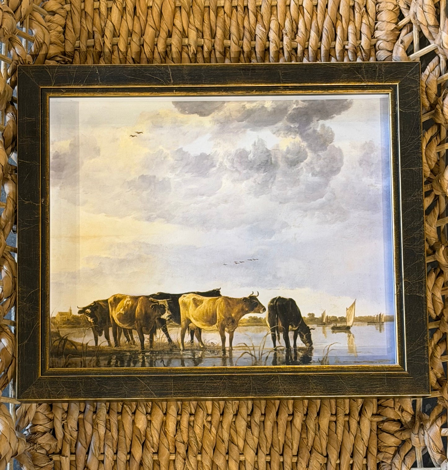 10” x 8” Framed vintage cow oil painting reproduction OO