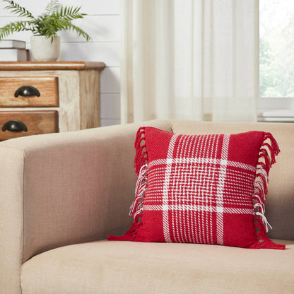 Red White Plaid Filled Fringe Throw Pillow 12x12 Eston