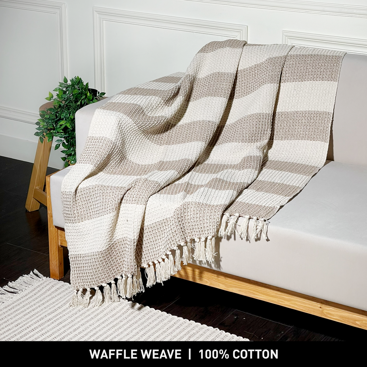 WAFFLE STRIPE THROW, BEIGE-IVORY, 50''x60''