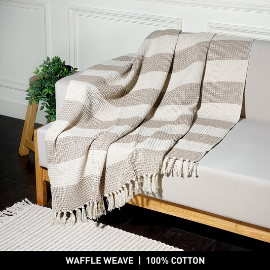 WAFFLE STRIPE THROW, BEIGE-IVORY, 50''x60''