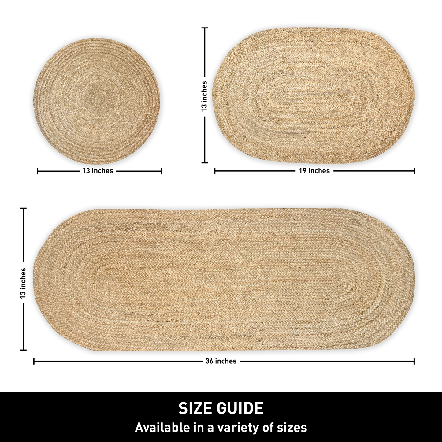 OVAL BRAIDED TABLE RUNNER, NATURAL JUTE, 13'' x 36''.