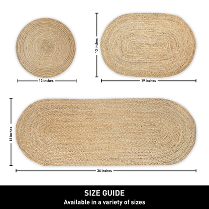 OVAL BRAIDED TABLE RUNNER, NATURAL JUTE, 13'' x 36''.
