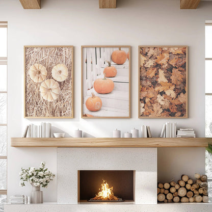 8” x 10” Cozy Fall Wall Art. Pumpkins and Autumn Leaves-Set/3-No Frames