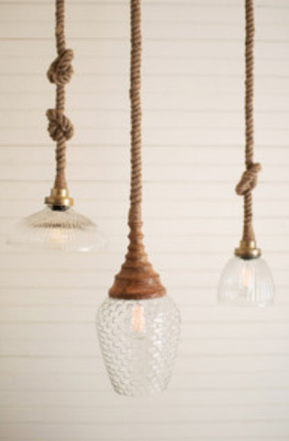 Clear Glass & Mango Wood Pendant Light w/ Rope