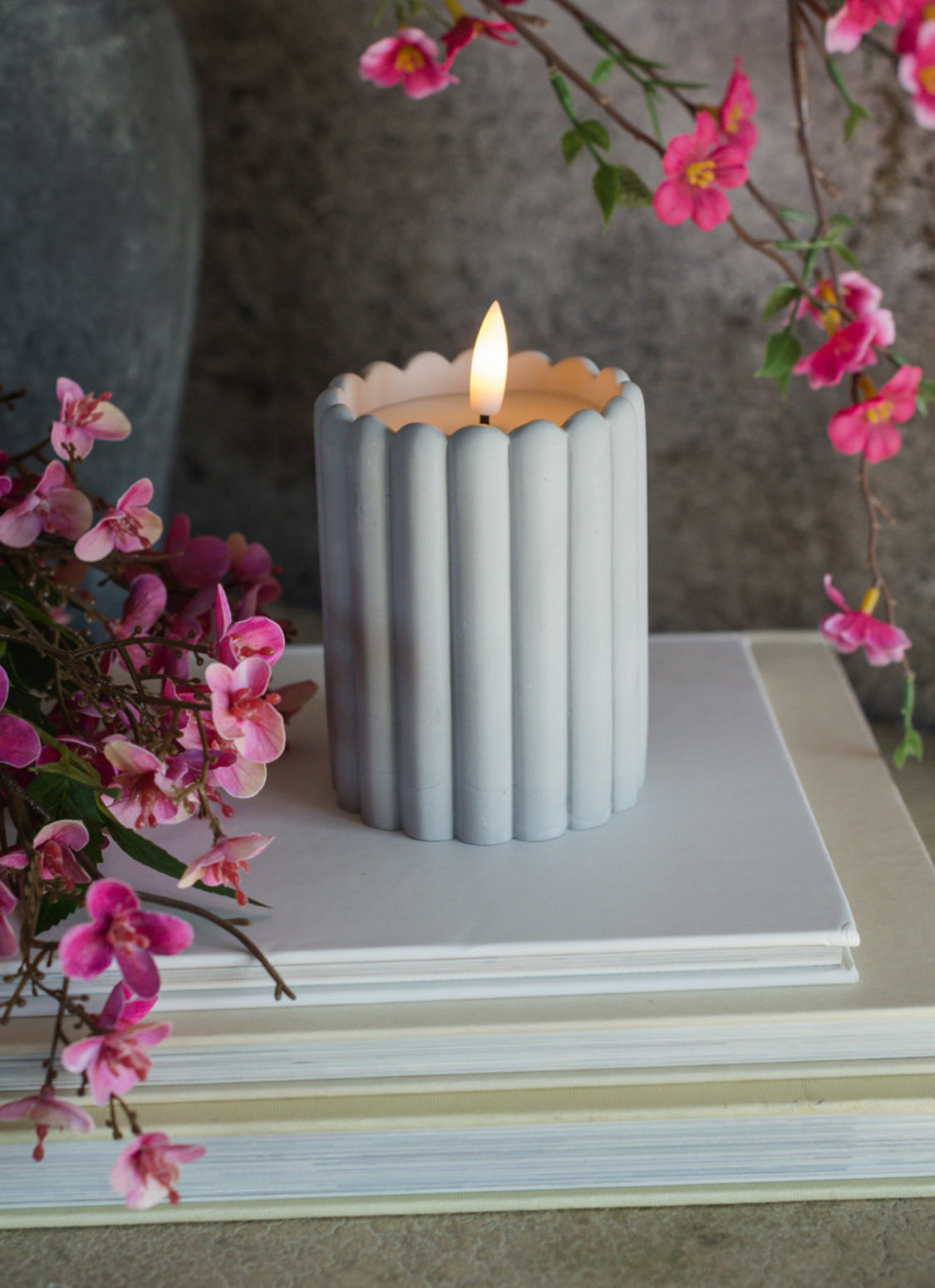 4” Grey Cement Column 3D Flame Candle