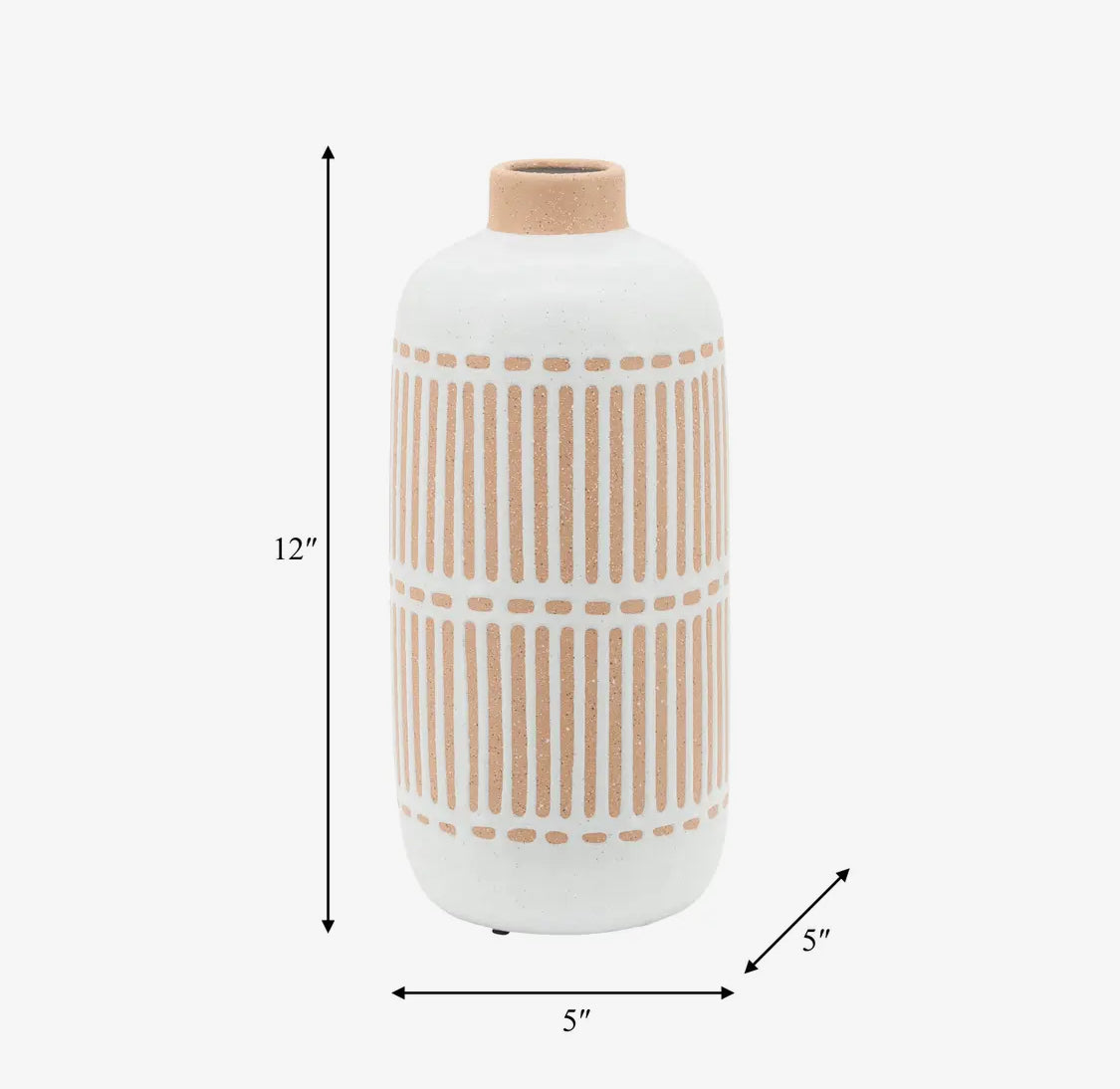 12” Ivory Ceramic Aztec Grooved Line Vase