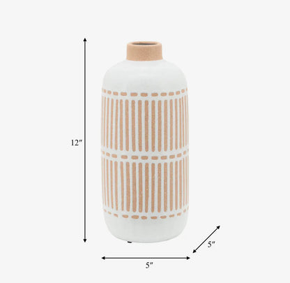 12” Ivory Ceramic Aztec Grooved Line Vase