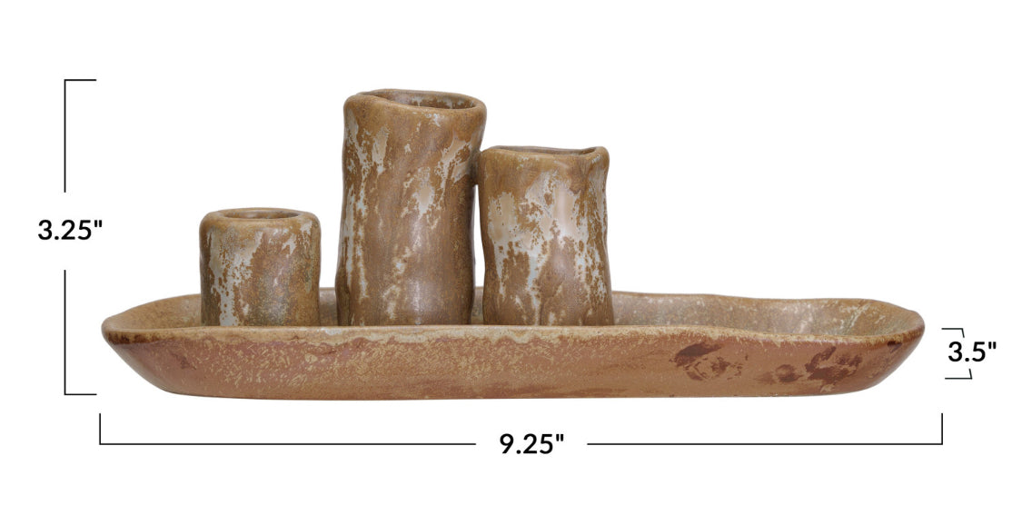 2 Stoneware Vases & Candle Holder on Tray