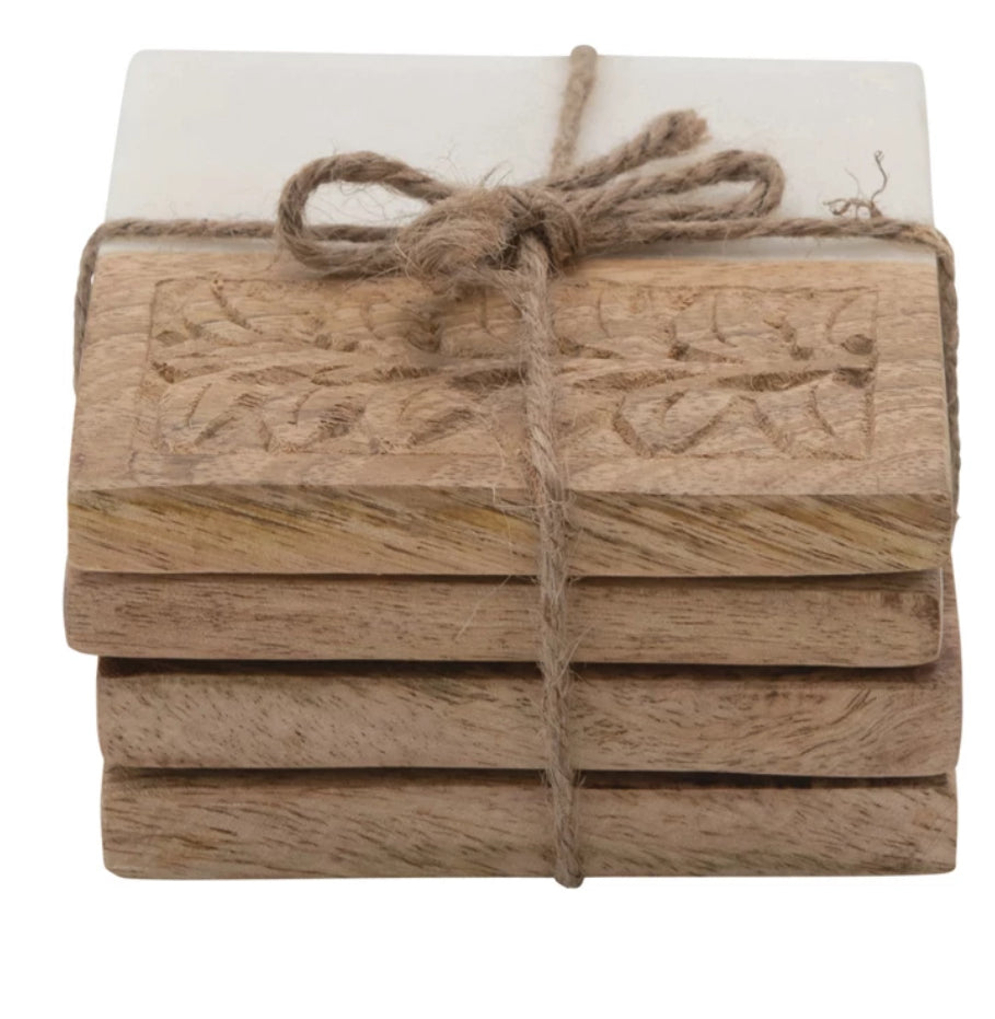 Marble & Hand-carved Wood Coasters, set of 4