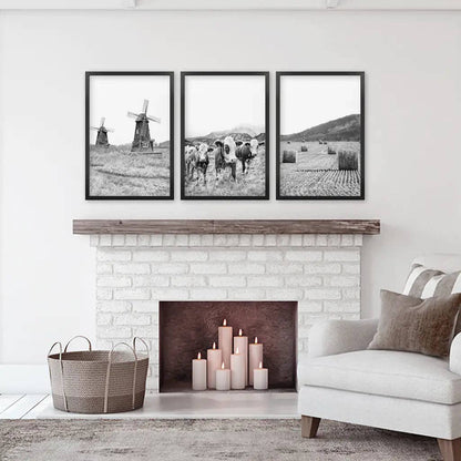 8” x 10” Farmhouse Black White Wall Art. Windmill, 3 Cows, Hay Bales-sold  separately- No Frame