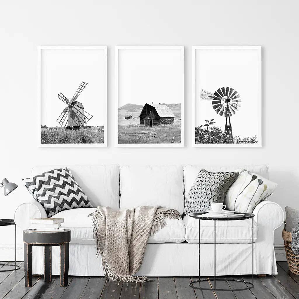 8” x 10” Black White Farm Style Print. Windmill, Barn Poster-sold seperately-No Frame