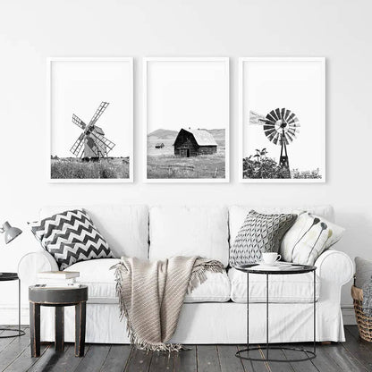 8” x 10” Black White Farm Style Print. Windmill, Barn Poster-sold seperately-No Frame