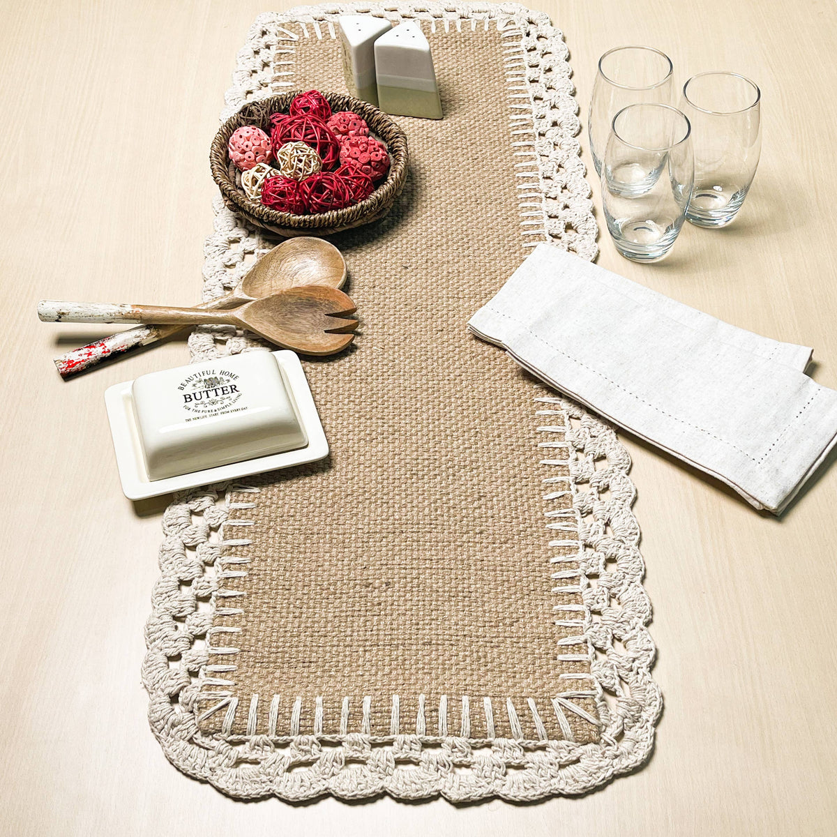 JUTE CROCHET TABLE RUNNER, JUTE-IVORY, 13''x36''