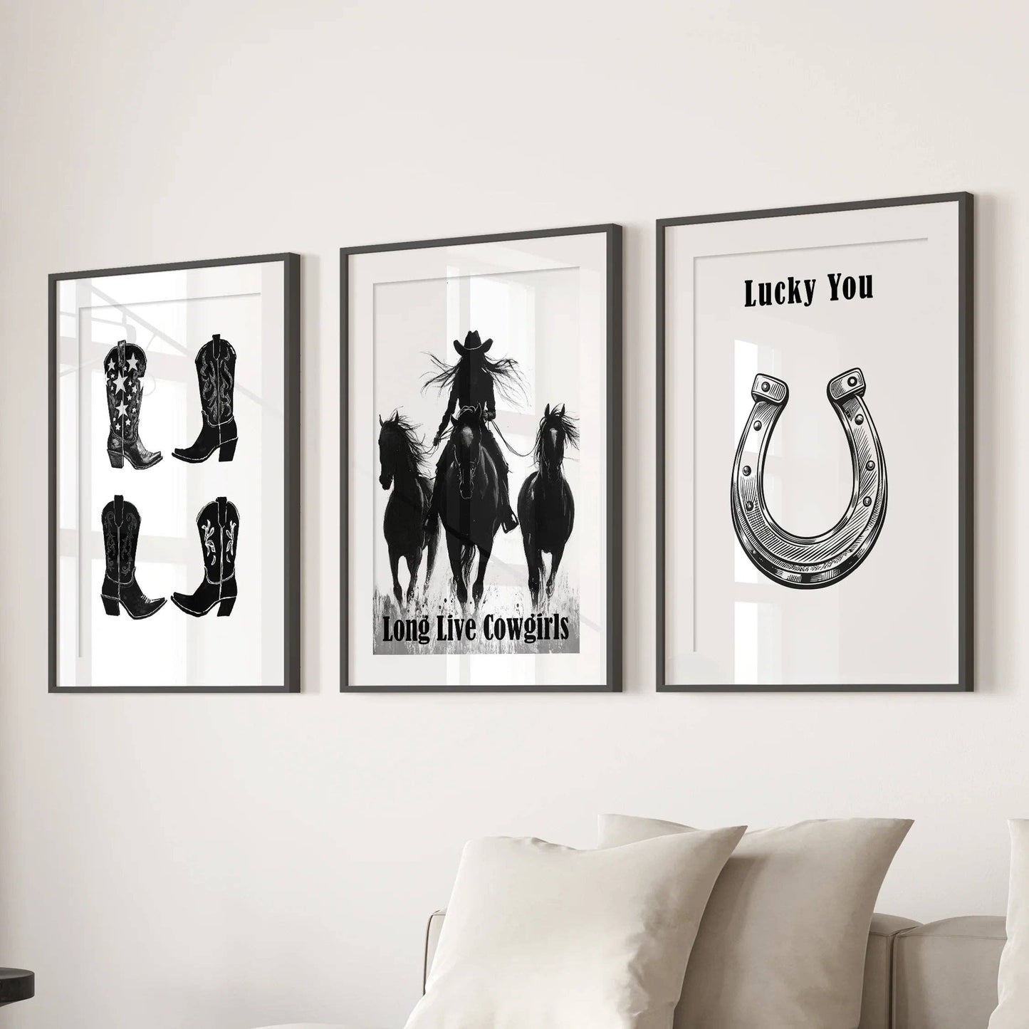 8” x 10” Black White Western Cowgirl Wall Art. Rustic Ranch Decor-set/3-No Frames