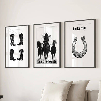8” x 10” Black White Western Cowgirl Wall Art. Rustic Ranch Decor-set/3-No Frames