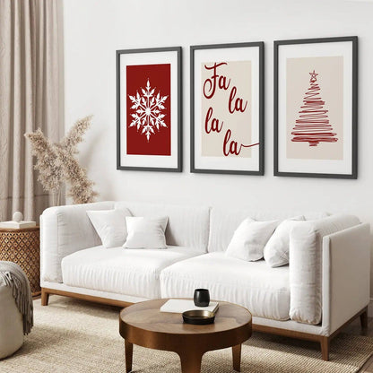 8” x 10” Wall Art Christmas Decoration. Modern Red Xmas Print-Set/3-No Frames