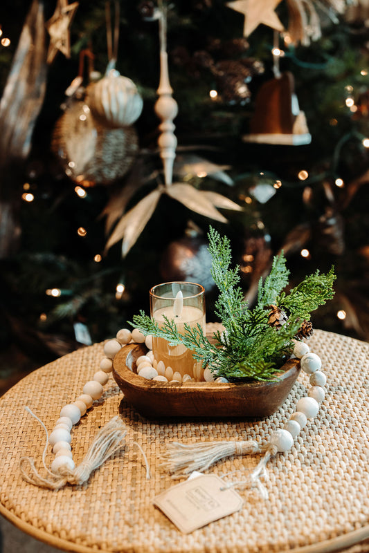 Wood Bowl w/Candle, Greenery & Wood Beads