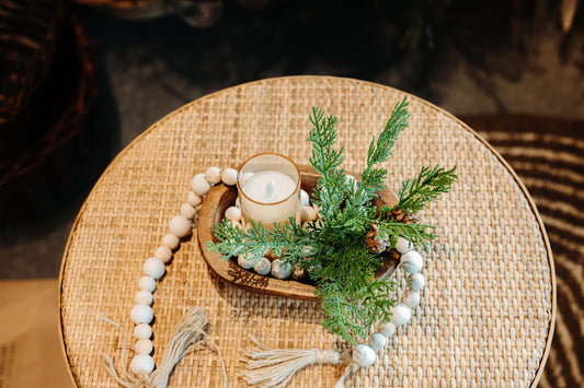 Wood Bowl w/Greenery, Candle & Wood Beads