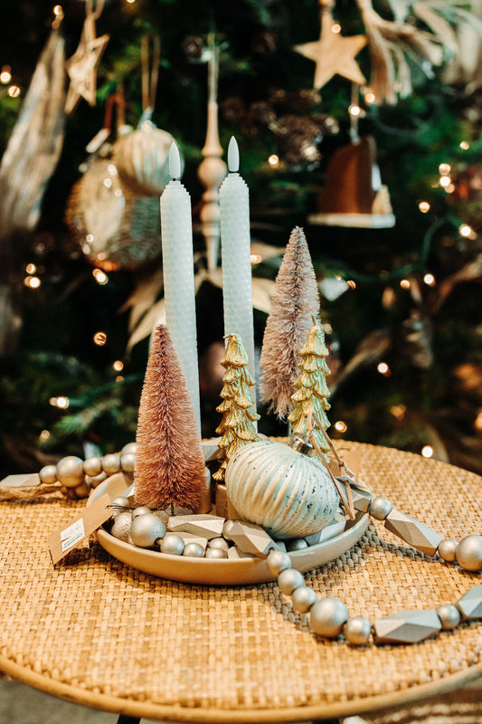 Advent candleholder w/Trees, wood garland, candles