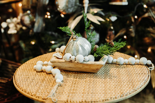 Wood Bowl w/Greenery, Ornament & Wood Beads