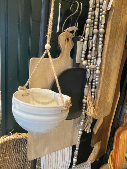 ceramic white hanging pot with wood beads