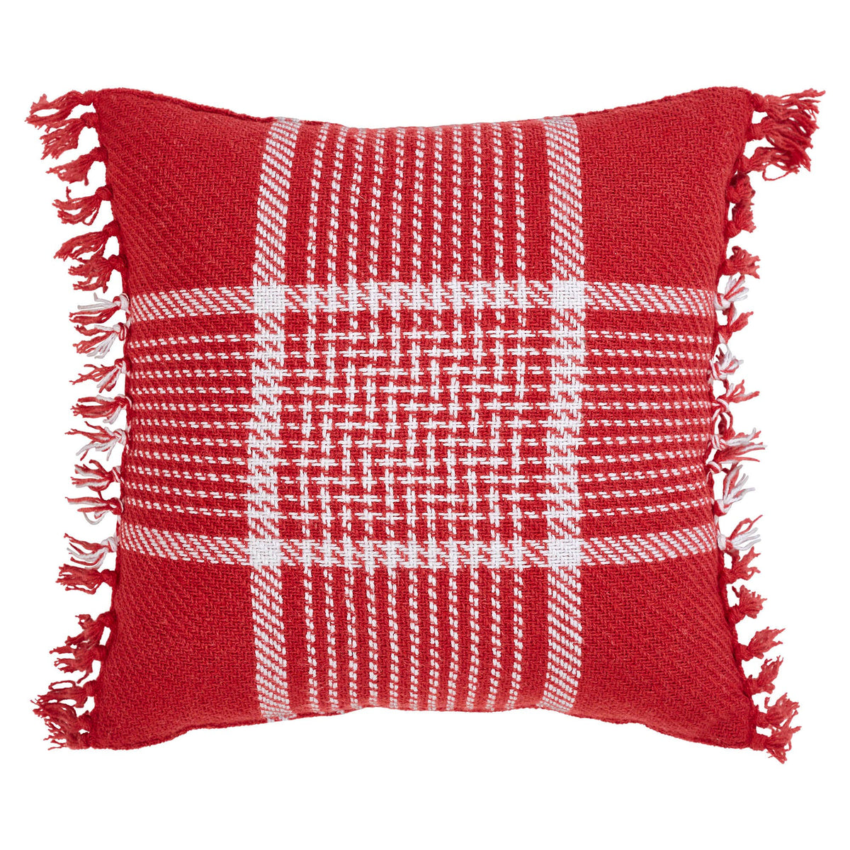 Red White Plaid Filled Fringe Throw Pillow 12x12 Eston