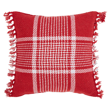 Red White Plaid Filled Fringe Throw Pillow 12x12 Eston