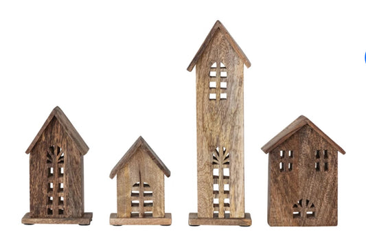 Carved Mango Wood Houses-set/4