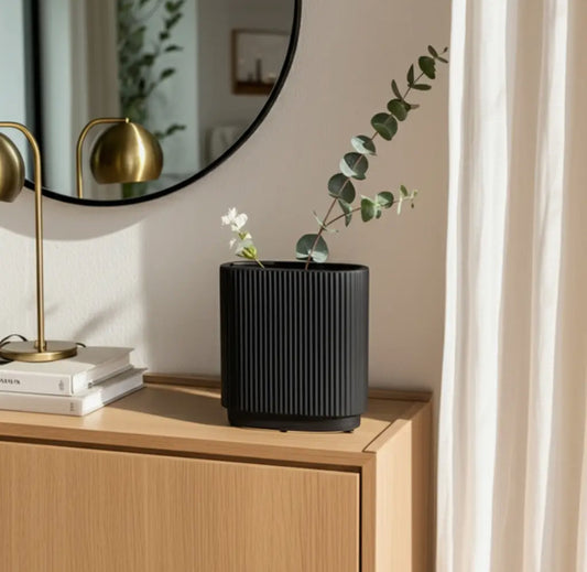8” Black Ceramic Modern Ridged Vase