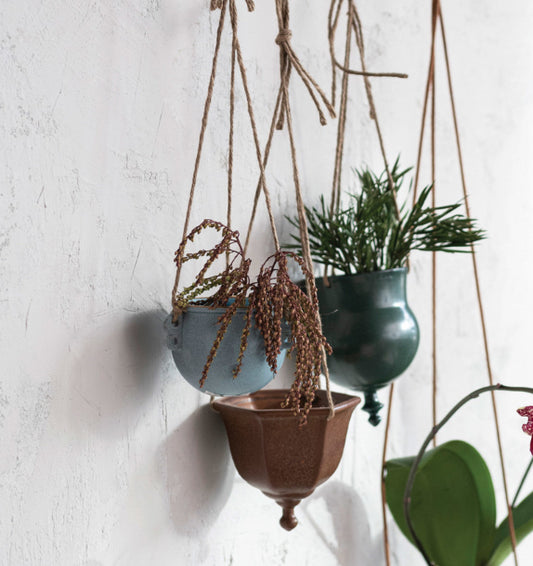 Hanging Stoneware Planter W/Jute Rope Hangers